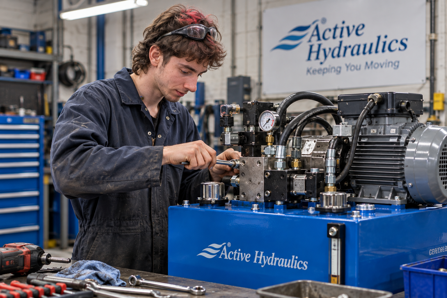 Hydraulic power pack being worked on at Active Hydraulics in Keighley