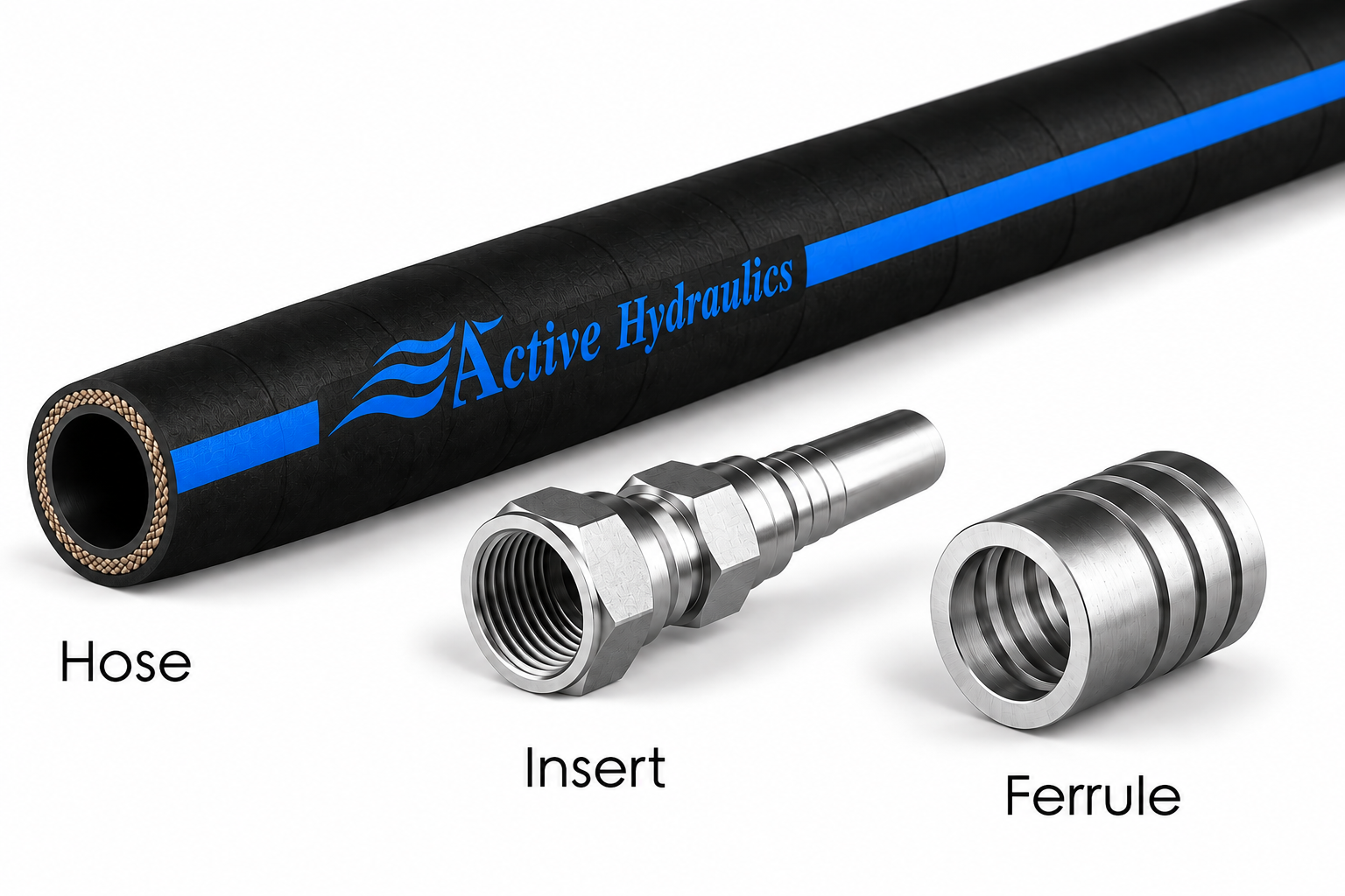 Hydraulic hose, insert and ferrule components