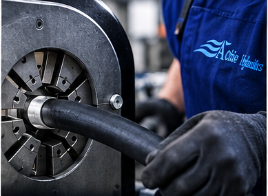 Hydraulic hose being prepared in a crimping machine at Active Hydraulics