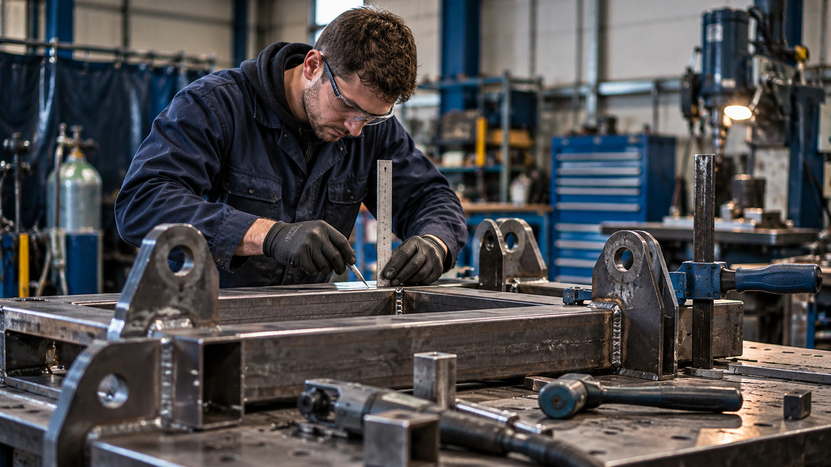 Fabrication and welding of a steel engineering frame in an industrial workshop