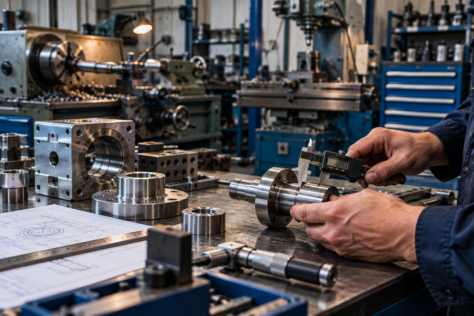 Precision-machined hydraulic engineering component being measured with digital calipers