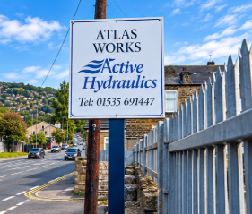 Atlas Works sign outside Active Hydraulics in Keighley